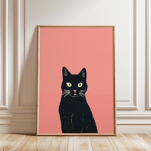 Black Cat Poster, Pink Kitty Wall Art, Minimalist Pet Print, Trendy Cat Lover Decor, Preppy Digital Animal Illustration, Cute Feline Style