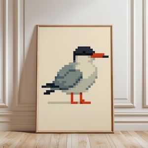 Impresión de gaviota pixelada, póster retro de pájaro pixelado, arte mural minimalista de animales, descarga digital costera, estilo arcade vintage