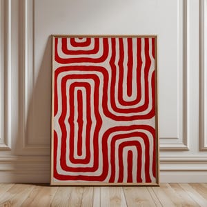 Arte de parede geométrica vermelha, impressão minimalista abstrata, pôster de padrão moderno, decoração ousada de meados do século, download digital, estética retrô