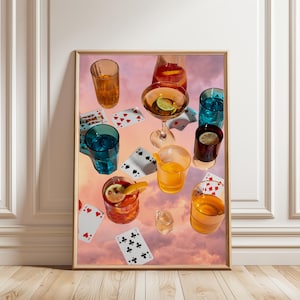 Cocktailparty kunst aan de muur, funky bar kar decor, speelkaarten poster, eclectische drankje print, preppy cocktail illustratie, digitale download