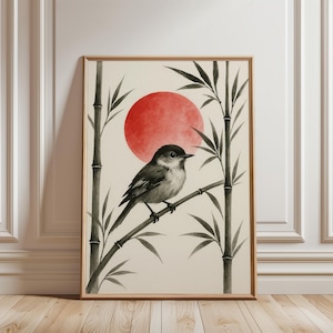 Impresión de pájaro japonés, arte mural de bambú Sumi-e, póster de tinta roja solar, decoración de naturaleza zen, obra de arte minimalista de inspiración asiática