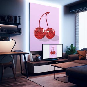 Inkt Disco Cherry Art Print | Trendy Y2K-wanddecoratie | Retro glamour-kersen discobal | Esthetische afdrukbare poster | Funky keuken- en barkunst