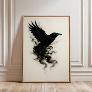 Raven Wall Art, Gothic Crow Poster, Mystical Flying Bird Print, Witchy Ink Decor, Dark Fantasy Wall Art, Moody Raven Print