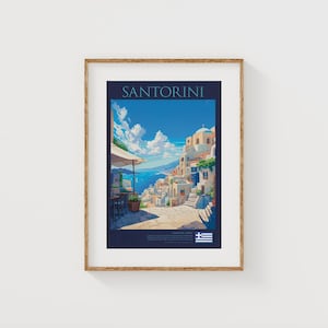 Santorini Print, Greece Travel Poster, Mediterranean Wall Art, Greek Island Decor, Oia Santorini Art, Retro Printable Digital Download