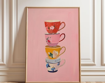 Floral Teacup Stack Art Print | Vintage Teacups Wall Decor for Kitchen or Café | Girly Pastel Kitchen Art | Pink Teacup Poster Download