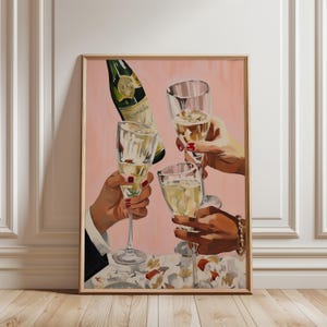 Cheers Art Print, funky champagneposter, trendy decor barwagen, cocktailglasmuurkunst, preppy wijnprint voor feestruimtes