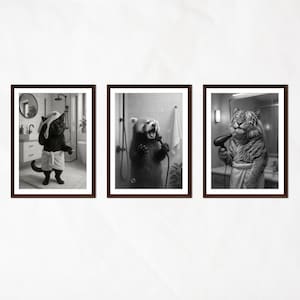Bathroom Animal Wall Art, 3 Funny Black and White Prints, Quirky Shower Decor, Raccoon, Tiger, Cat Poster Set, Digital Download