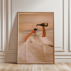 Wine in Bed Wall Art | Relaxed Modern Print | Eclectic Bedroom Poster | Cozy Wine Lover Decor | Funky Trendy Digital Download