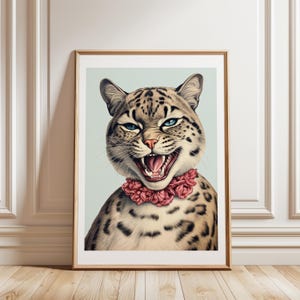 Wild Cat Poster | Funny Cat Painting with Red Collar | Cool Dorm Apartment Wall Art | Kitsch Restroom Decor | Digital Download