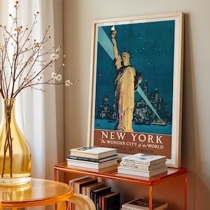 Vintage New York City Travel Poster | Statue of Liberty Night Scene Wall Art | Retro Wonder City Print | Digital Download Artwork