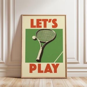 Póster de raqueta vintage, arte mural de tenis retro, impresión "Let's Play Sport", ilustración atlética de los 70, decoración moderna para el hogar, energía preppy