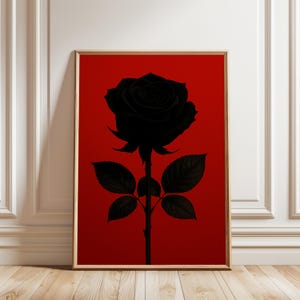 Póster de Rosa Negra, arte mural floral gótico, impresión romántica en rojo y negro, decoración botánica melancólica, descarga digital