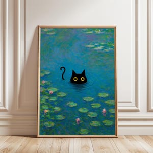 Monet waterlelie kat poster, Claude Monet kat poster, grappige zwarte kat, bloemen kat poster, grappig cadeau, woonkamerdecor, grillige muurkunst