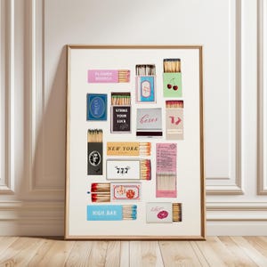 Sztuka ścienna z pudełek zapałek, eklektyczny plakat z pudełka zapałek, estetyczny wydruk retro preppy, funky maksymalistyczny wystrój, kolorowy wózek barowy do pobrania