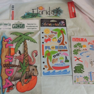 PRIX RÉDUIT !!! Autocollants pour albums de Floride éphémères 3 paquets inutilisés 1 feuille inutilisée Flamingo Palm Tree Beach