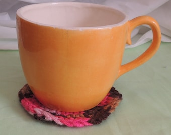 Coasters Crocheted Set of 4 Circle Pink Hot Pink Brown Tan Mug Rug