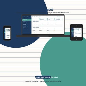 Pode incluir: Um laptop e dois smartphones exibindo uma visão geral do painel de controle de um negócio freelancer. A tela do laptop mostra dados de clientes ativos, horas neste mês e renda total. O texto "FreelanceOS" é visível, junto com "Based Web App (HTML File)".