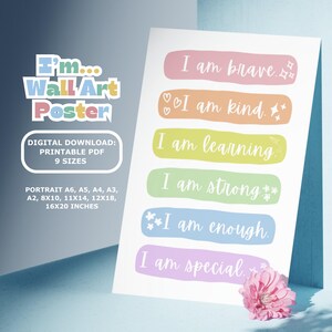 Printables positieve affirmatie, zelfliefde, klasdecor, kinderkunst aan de muur, posters geestelijke gezondheid, therapiebureau, gevoelens, kalmerend, cadeau