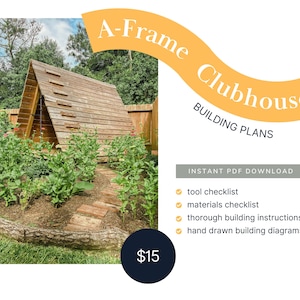 May include: Image of an A-Frame Clubhouse building plan. The wooden clubhouse is surrounded by plants. Text on the image reads "A-Frame Clubhouse BUILDING PLANS" and "INSTANT PDF DOWNLOAD".