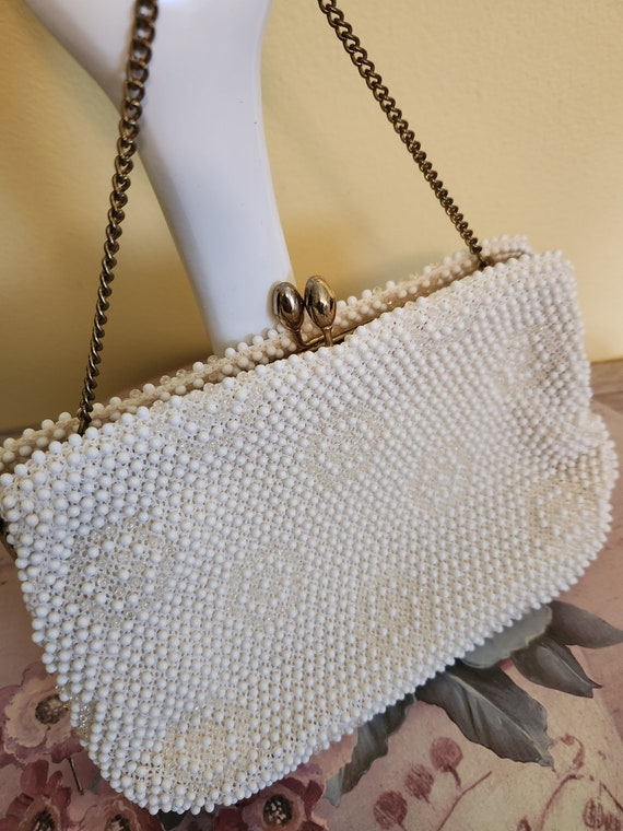 Vintage White Beaded Clutch Purse 1960s Corde Bead