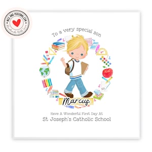 Tarjeta de felicitación para el primer día de clases / Tarjeta de felicitaciones, buena suerte y buen trabajo para él, hijo, sobrino, nieto, hermano, ahijado o amigo 03