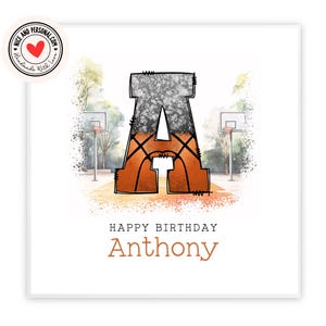 de basket-ball | Carte d'anniversaire personnalisée avec initiales pour lui, elle, fils, ami, frère, petit-fils, neveu, cousin, oncle