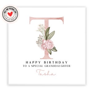 carte d'anniversaire rose | Carte d'anniversaire florale avec initiales pour elle, fille, amie, sœur, petite-fille, nièce, cousine, tante, meilleure amie