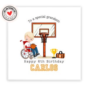 Biglietto di auguri di compleanno a tema basket, ragazzo in sedia a rotelle / Congratulazioni, buona fortuna, ben fatto, biglietto di auguri di buon compleanno per lui, figlio, amico, nipote