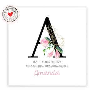 Carte d'anniversaire personnalisée florale rose et or avec initiale pour elle, fille, amie, soeur, petite-fille, nièce, cousine, tante, meilleure amie