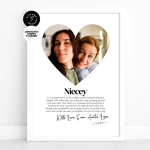 Impresión en forma de corazón, Impresión personalizada para sobrina, Poema personalizado, Regalo para sobrina, Regalo de tía, Impresión con foto, Regalo con foto personalizado