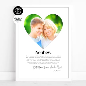 Impresión en forma de corazón, Impresión personalizada para sobrino, Poema personalizado, Regalo para sobrino, Regalo de tía, Recuerdo, Impresión fotográfica, Regalo con foto personalizado