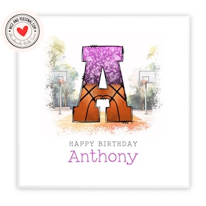 Purple Basketball Birthday Card | Personalised Birthday Card With Initial for Her, Daughter, Friend, Sister, Granddaughter, Niece, Bestie
