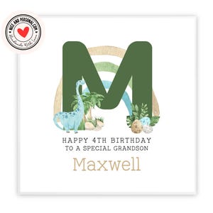 Tarjeta de cumpleaños de dinosaurio / Tarjeta de cumpleaños 2.º, 3.º, 4.º, 5.º con inicial para un niño pequeño, él, ella, hijo, nieto, sobrino, ahijado 02