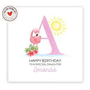 Verjaardagskaart flamingo | Gepersonaliseerde verjaardagskaart met initiaal voor haar, dochter, vriend, zus, kleindochter, nichtje, neef, bestie