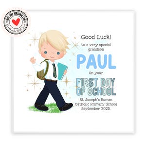 Tarjeta de felicitación para el primer día de clases / Tarjeta de felicitaciones, buena suerte y bien hecho para él, hijo, sobrino, nieto, hermano, ahijado o amigo.