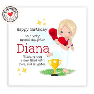 Carta pugile donna, carta sportiva / congratulazioni, buona fortuna, ben fatto, biglietto di auguri di buon compleanno per lei, figlia, amica, sorella, nipote
