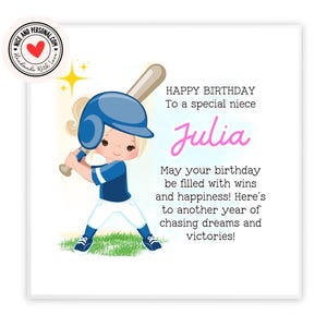Carta da baseball, carta sportiva / congratulazioni, buona fortuna, ben fatto, biglietto di auguri di buon compleanno per lei, figlia, amica, sorella, nipote 01