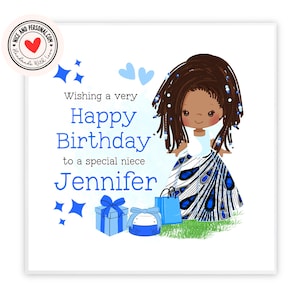 Abito Ankara blu, biglietto di auguri di compleanno nero / biglietto di auguri per ragazza nera / biglietto di auguri di buon compleanno per lei, figlia, amica, sorella, nipote, nipote 01