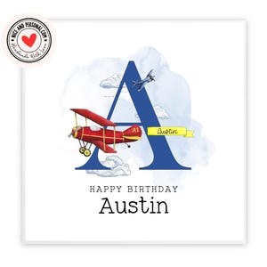 carte d'anniversaire d'avion | Carte d'anniversaire personnalisée avec initiales pour lui, elle, fils, ami, frère, petit-fils, neveu, cousin, oncle, meilleur ami