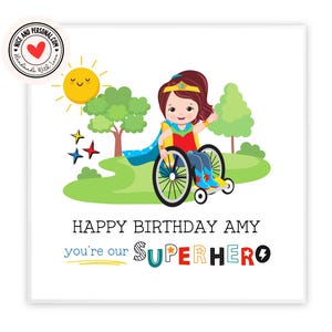 Biglietto di auguri per supereroi, ragazza in sedia a rotelle / Congratulazioni, buona fortuna, ben fatto, biglietto di auguri di buon compleanno per lei, figlia, sorella, nipote