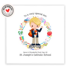 Tarjeta de felicitación para el primer día de clases / Tarjeta de felicitaciones, buena suerte y buen trabajo para él, hijo, sobrino, nieto, hermano, ahijado o amigo 02