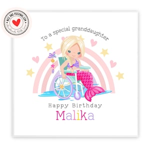 Biglietto di auguri di compleanno a forma di sirena / Ragazza in sedia a rotelle / Congratulazioni, ben fatto, biglietto di auguri di buon compleanno per lei, figlia, amica, nipote 01