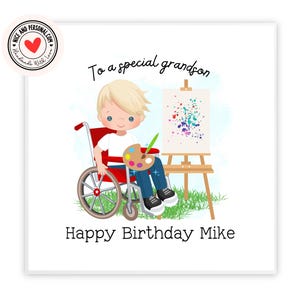 Tarjeta de artista, niño en silla de ruedas/Felicitaciones, buena suerte, bien hecho, tarjeta de feliz cumpleaños para él, hijo, amigo, hermano, nieto, sobrino