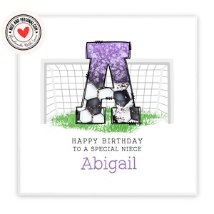 carte d'anniversaire pourpre du football | Carte d'anniversaire personnalisée avec initiales pour elle, lui, fils, fille, frère, soeur, petit-fils, nièce