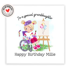 Biglietto d'artista, ragazza in sedia a rotelle / Congratulazioni, buona fortuna, ben fatto, biglietto di auguri di buon compleanno per lei, figlia, sorella, nipote