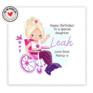 carte d'anniversaire de sirène | Fille en fauteuil roulant | Félicitations, bravo, carte de joyeux anniversaire pour elle, sa fille, son amie, sa petite-fille