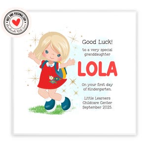 Tarjeta para el primer día de guardería, preescolar y jardín de infancia: para ella, hija, hermana, sobrina, nieta, amiga o vecina.