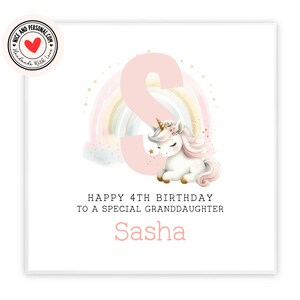 Carte d'anniversaire rose pastel licorne | Carte d'anniversaire personnalisée avec initiales pour une petite fille, sa fille, sa petite-fille, sa nièce, sa cousine