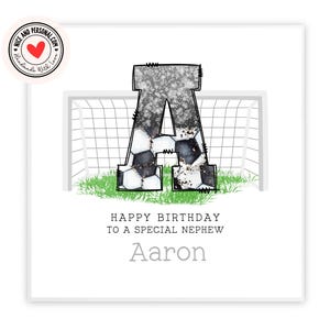 carte d'anniversaire argentée du football | Carte d'anniversaire personnalisée avec initiales pour elle, lui, fils, fille, frère, soeur, petit-fils, nièce