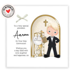 Tarjeta de Primera Comunión con Lazo / Tarjeta Religiosa / Tarjeta de Felicitaciones para Él, Hijo, Amigo, Hermano, Nieto, Sobrino, Ahijado, Primo